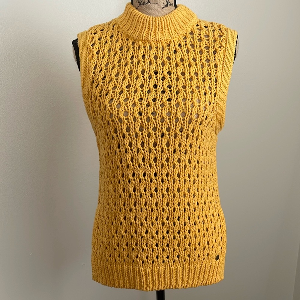 Brand new Yellow open knit sleeveless crew neck casual sweater